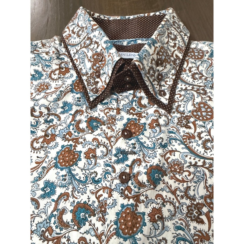 John Lennon Mens Floral Paisley Button Down Shirt Blue Brown Long Sleeve 3XL - Picture 4 of 10